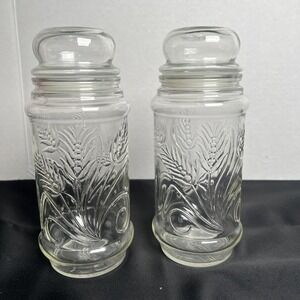 2- Planters Mr. Peanut Wheat Pattern Clear Glass Jar w/Lid - Vintage‎ 1982